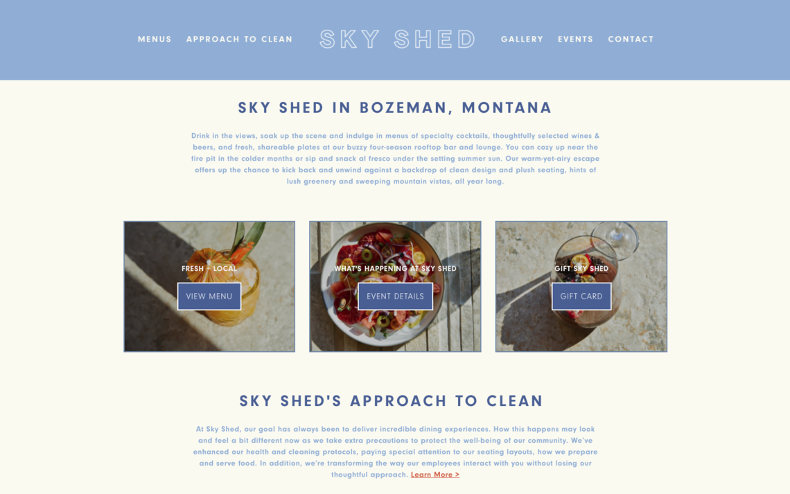 Sky Shed restaurant website