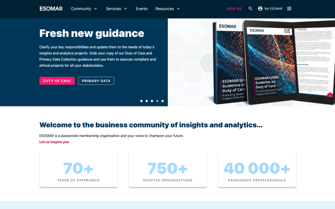 Association website homepage ESOMAR