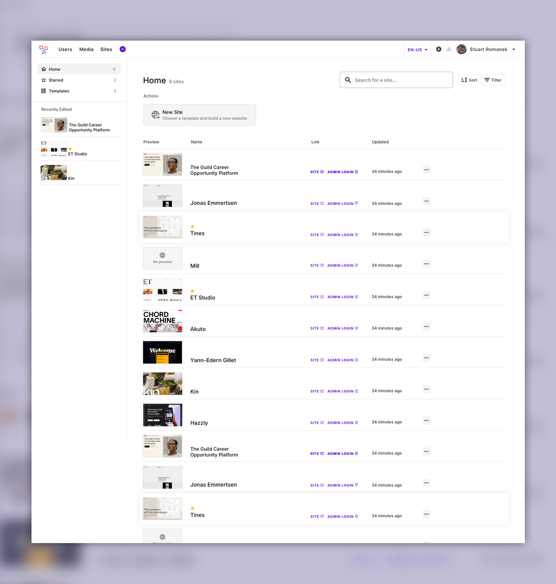 Screenshot of the multisite dashboard with multiple sites