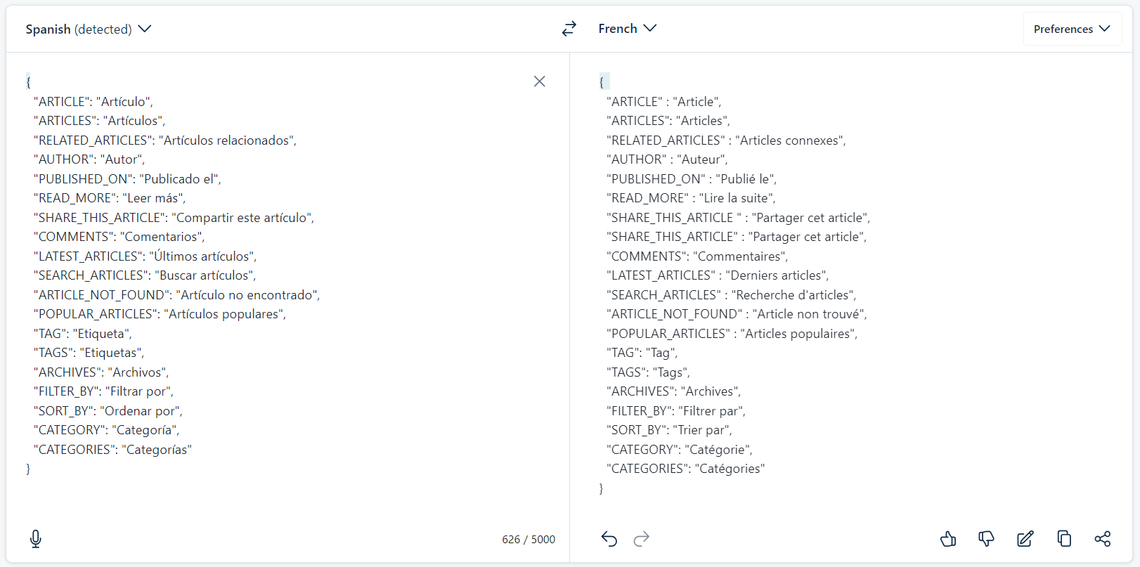 Using an AI service to translate strings from Spanish to French