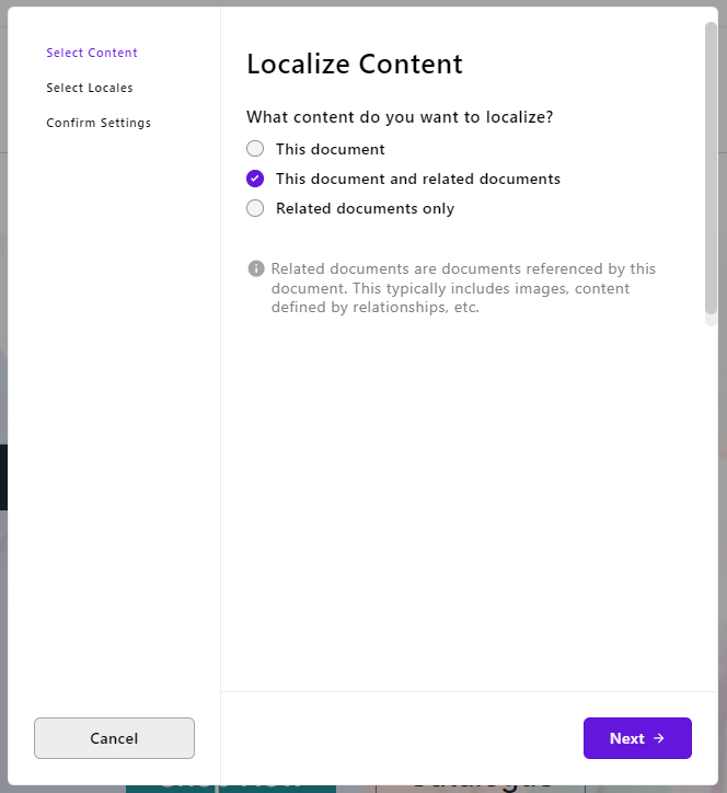 First modal of the content localization wizard