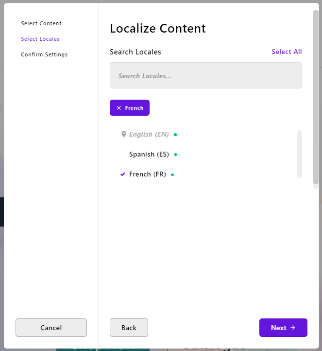 Second modal screen of the localization wizard