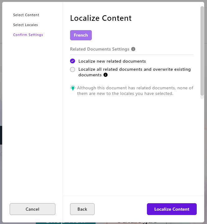 Third modal of the localization wizard