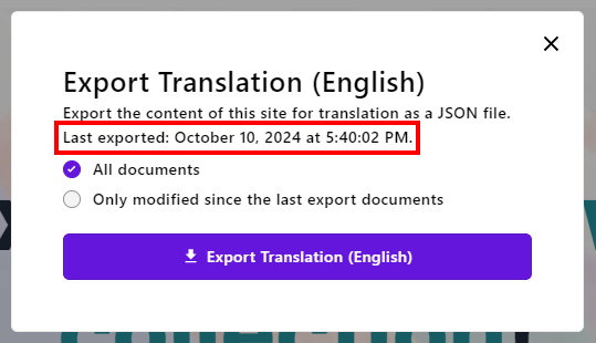 The translation export modal has last export date details