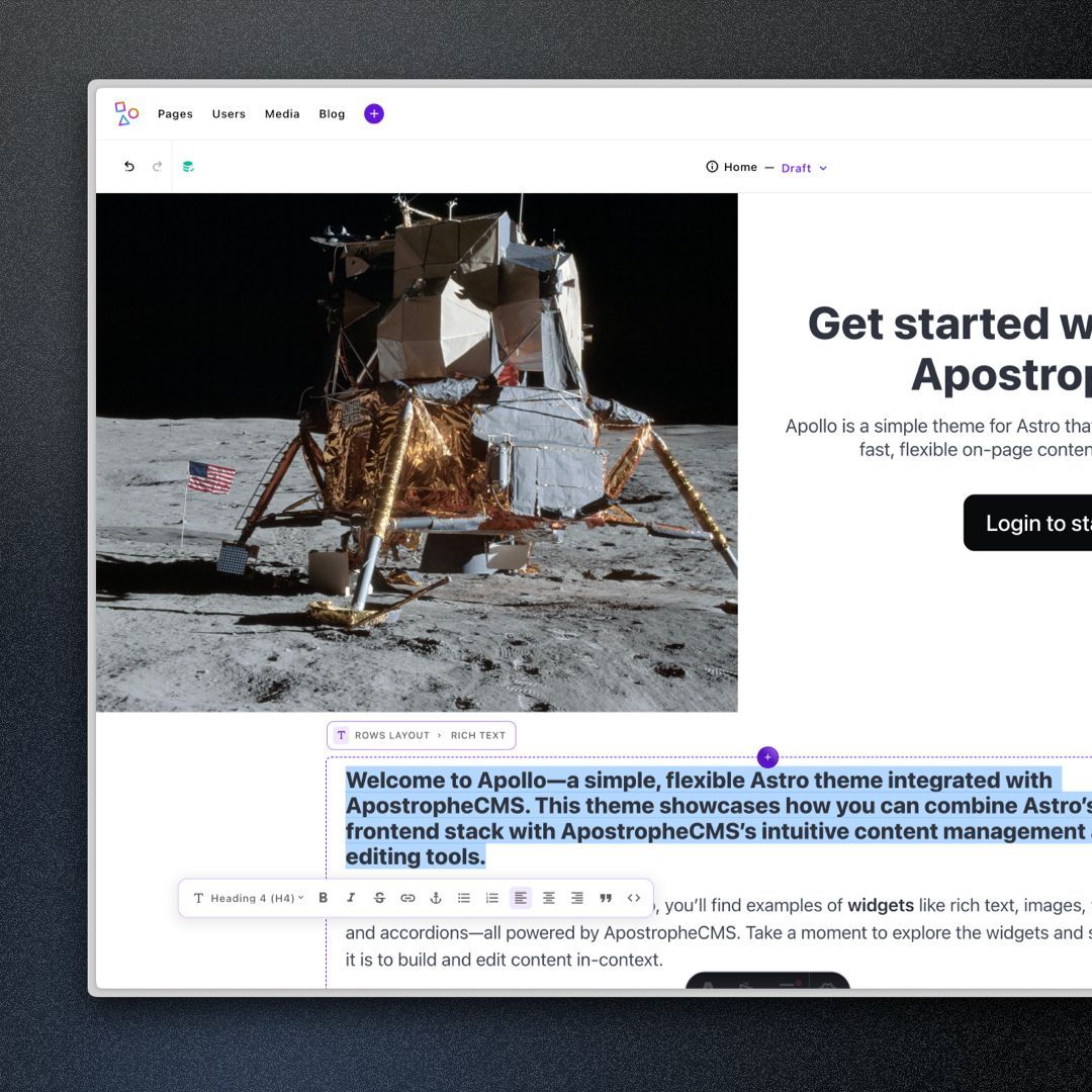 Screenshot of an Astro-powered website built with Apostrophe CMS