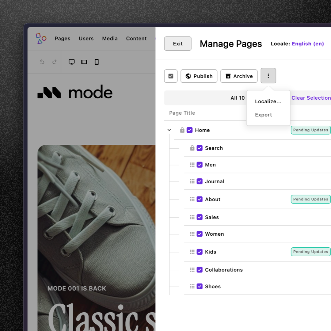 Window showing batch localization of content in the CMS