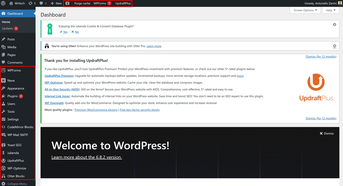 The WordPress side and topbar architecture can be confusing.