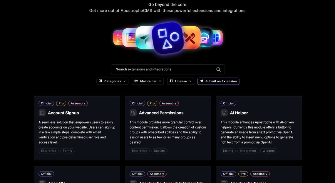 ApostropheCMS has a large library of extensions