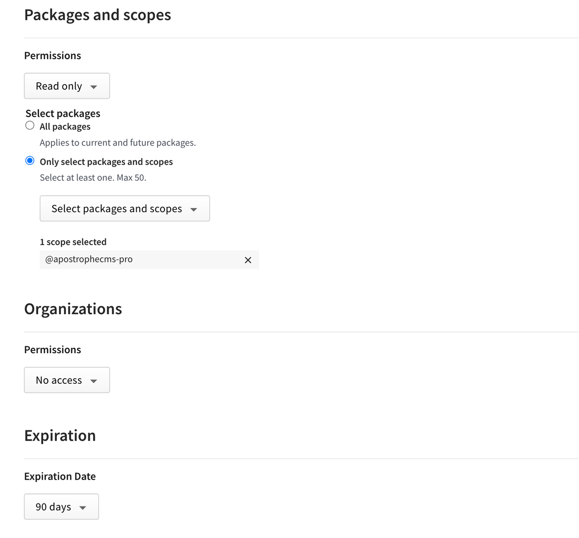 npm granular access token form