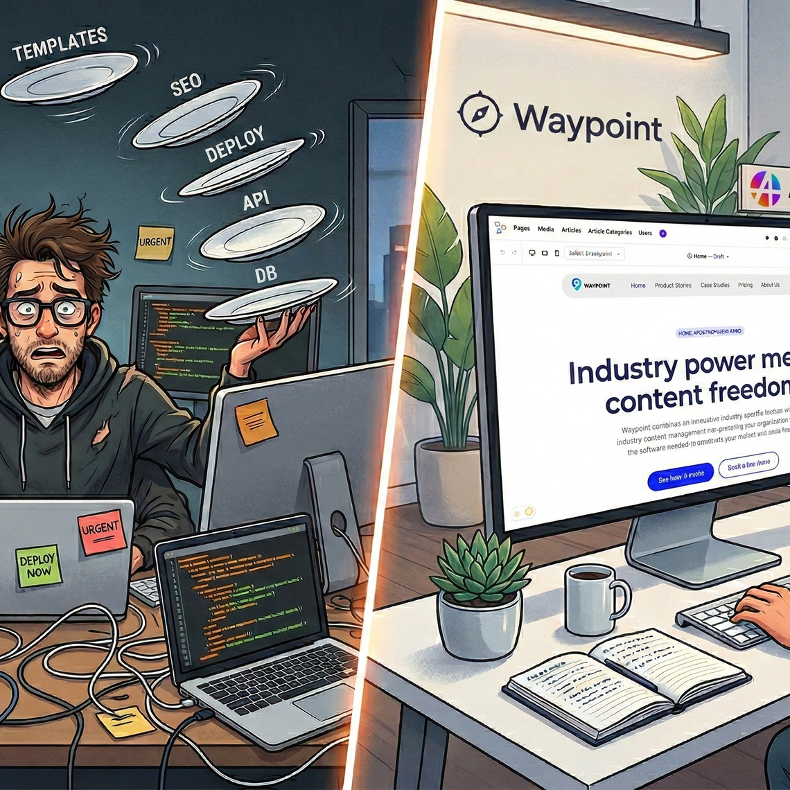 A man is juggling plates labeled "permissions," media library," "SEO," etc. at left on a crowded desk full of laptops with stickynotes. At right, the same man is cheerfully exploring the ApostropheCMS public demo on a clean, organized desk. He works at a SaaS company called Waypoint.