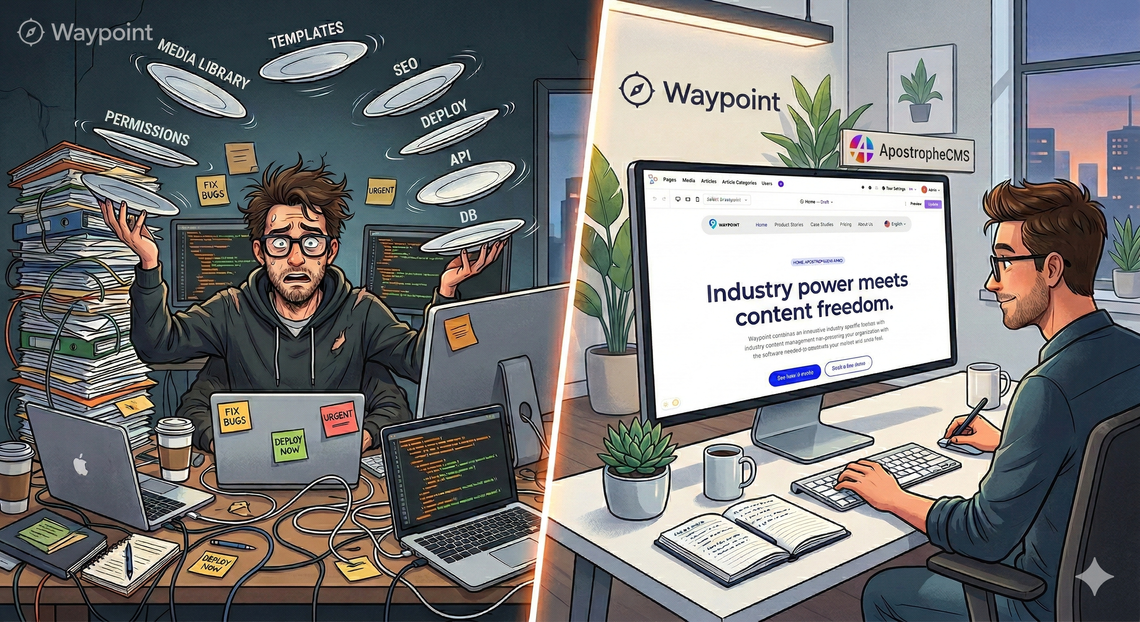 A man is juggling plates labeled "permissions," media library," "SEO," etc. at left on a crowded desk full of laptops with stickynotes. At right, the same man is cheerfully exploring the ApostropheCMS public demo on a clean, organized desk. He works at a SaaS company called Waypoint.