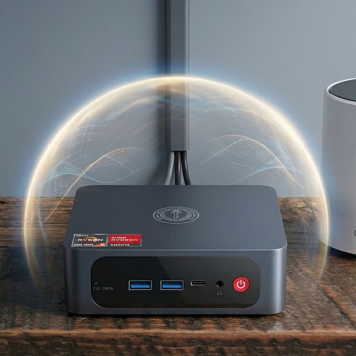 A personal server, a small grey box with USB ports and Ryzen and Radeon logos