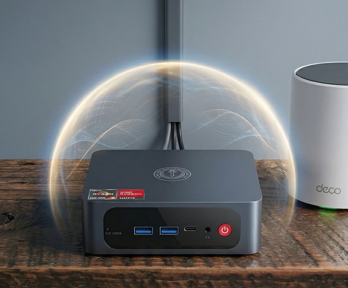 A personal server, a small grey box with USB ports and Ryzen and Radeon logos