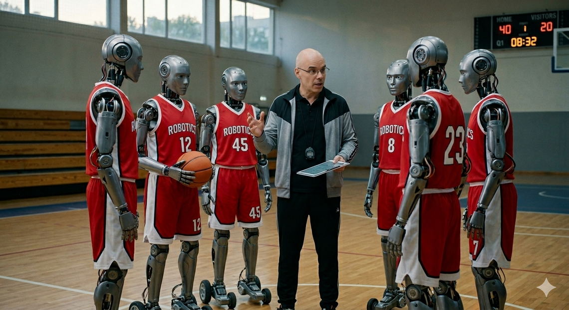 Tom coaches a robot basketball team